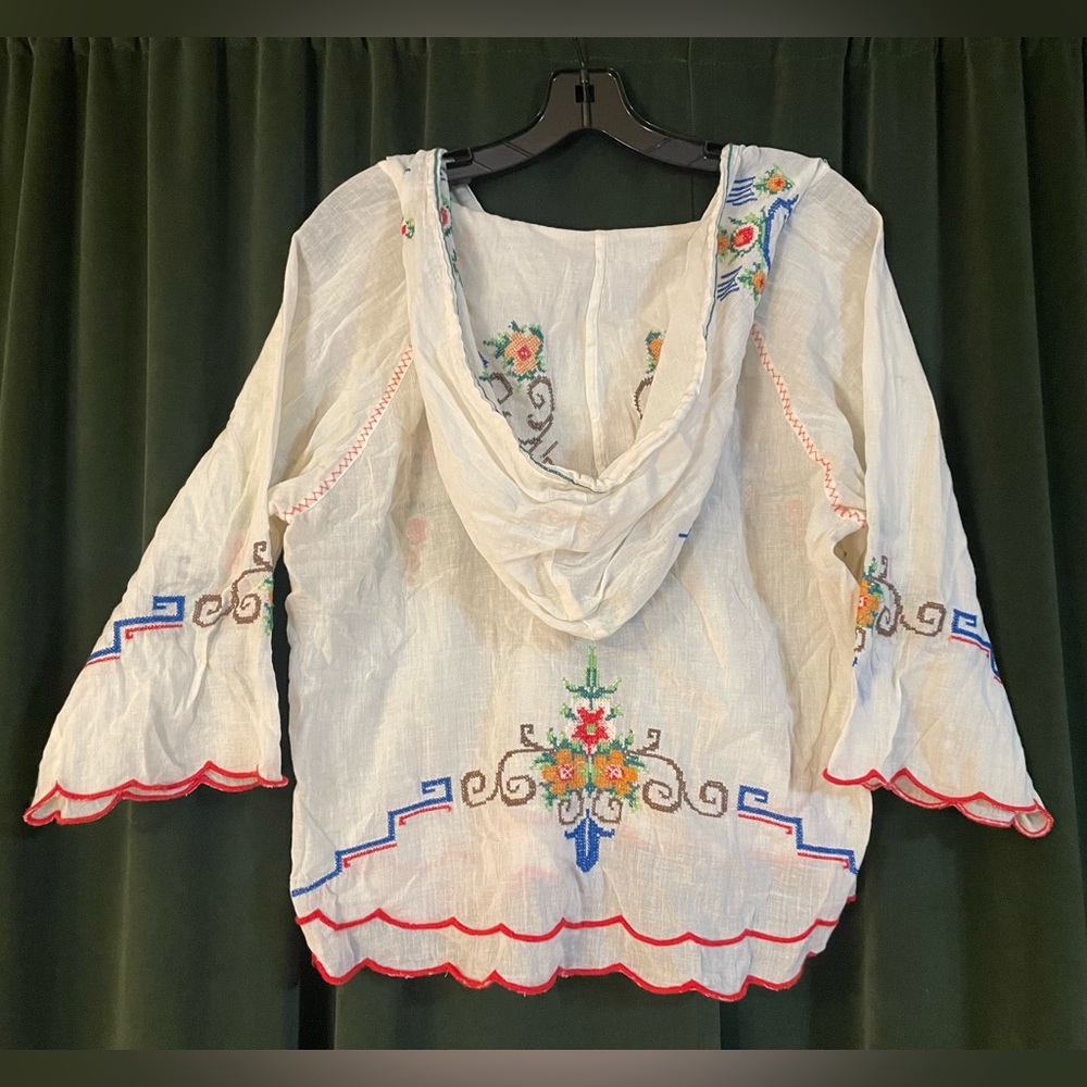 Free People Ivory Embroidered Hooded Peasant Top with Red Trim - Picture 2 of 4